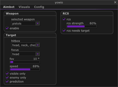Real yowio Aimbot menu: weapon, target and RCS settings