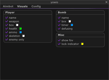 Real yowio Visuals menu: player, bomb and misc ESP settings